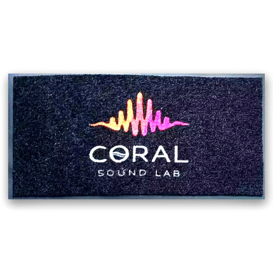 Premium 11 mm custom logo carpet mat with a full-color printed logo and black rubber border, on a white background
