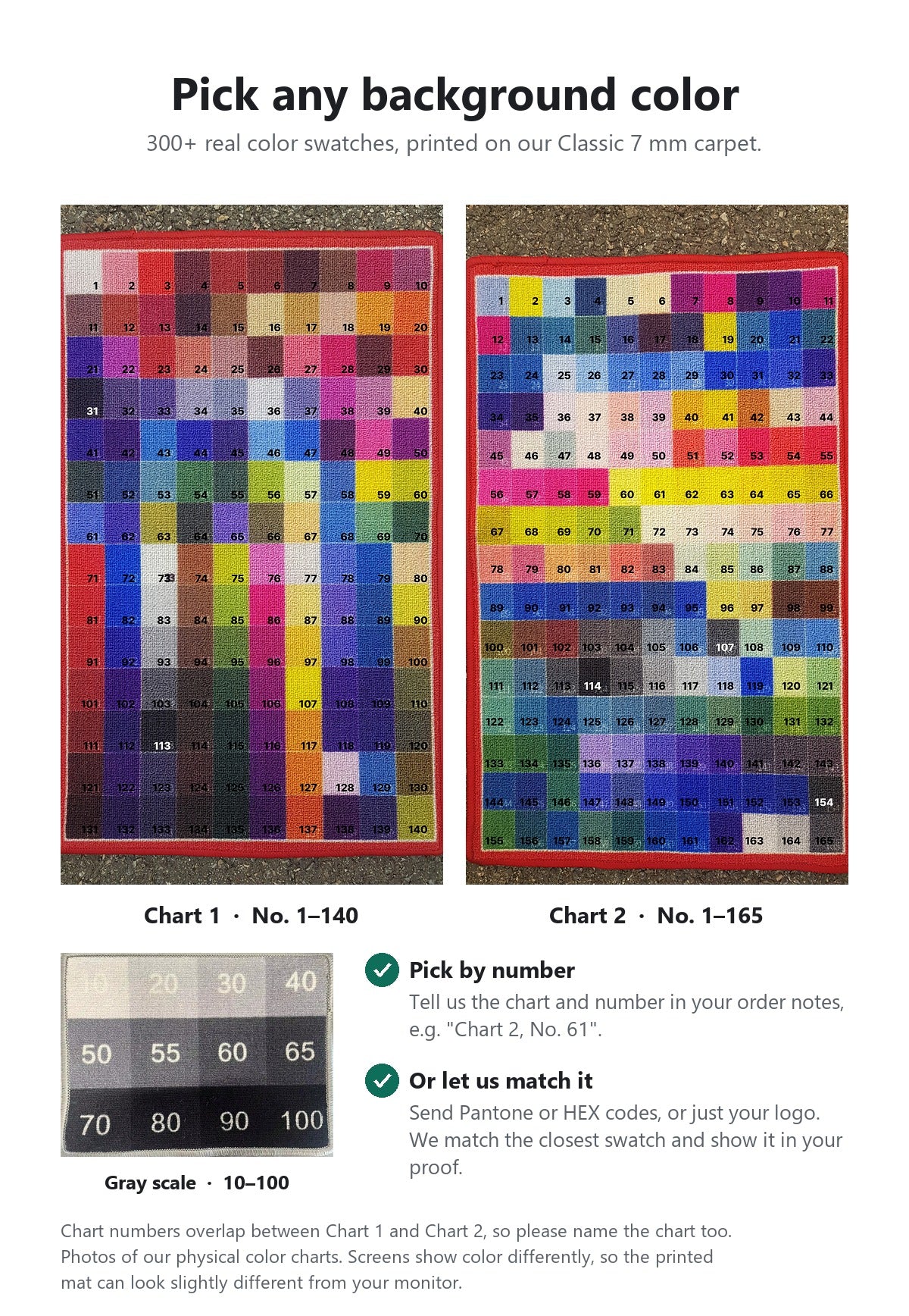 Two numbered color charts printed on the Classic 7 mm carpet, chart 1 with 140 colors and chart 2 with 165 colors, plus a gray scale chart